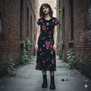 Talbots Petite Black Floral Midi Dress Short Sleeve‎ Womens Size 10 90s Grunge